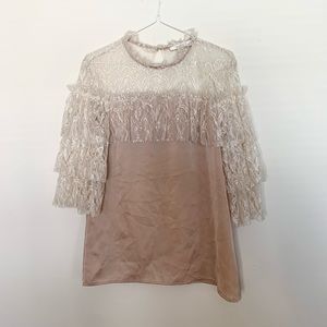 WAYF Lace and Silk Ruffle Blouse